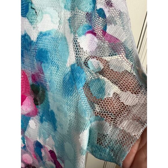 Laura Ashley 2X White Bold Colorful Pastel Floral Mesh Short Sleeve Top Boho - Picture 7 of 11